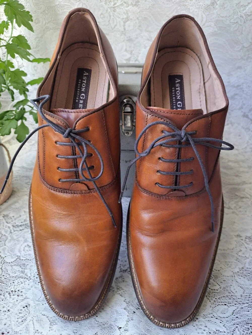 Aston Grey Leu Men's Oxford Dress Shoes Cognac Brown Leather Lace Up Size 11